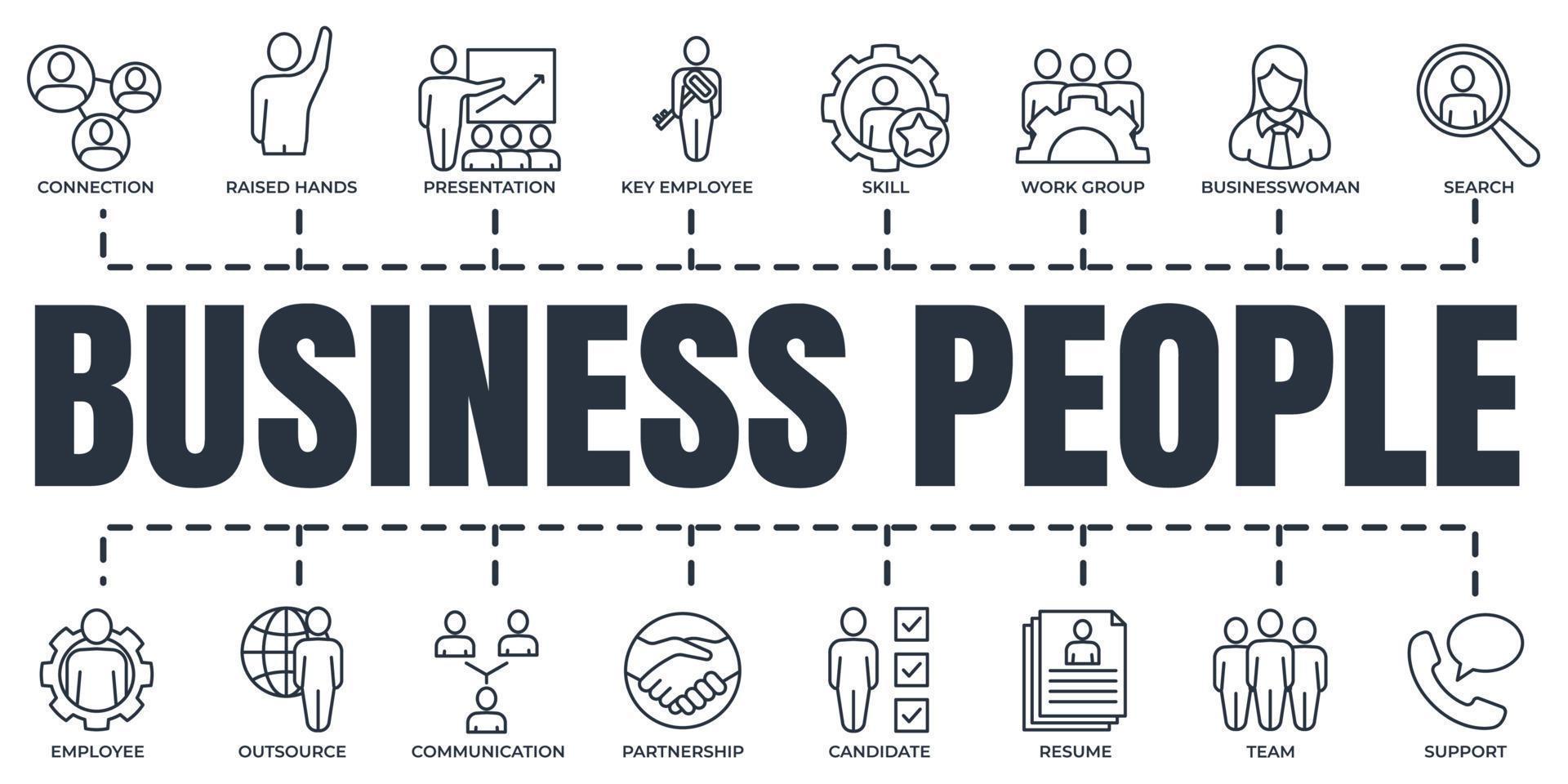 business people banner web icon set. team, search, outsource, support, communication, presentation and more vector illustration concept.