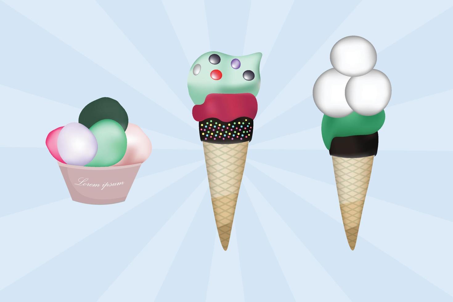 Ice cream, Collection of 3 vector ice cream illustrations isolated color background