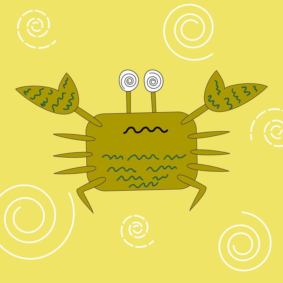 Dizzy crab with waves on a background of spirals. Cartoon emotional sea animal. Vector illustration