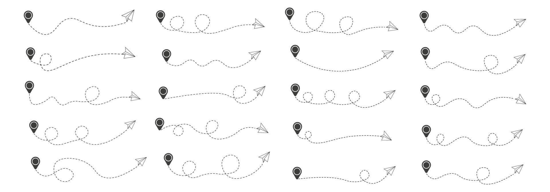 Set of Dashed Line Ppaer Airplane Route with Location Icon vector