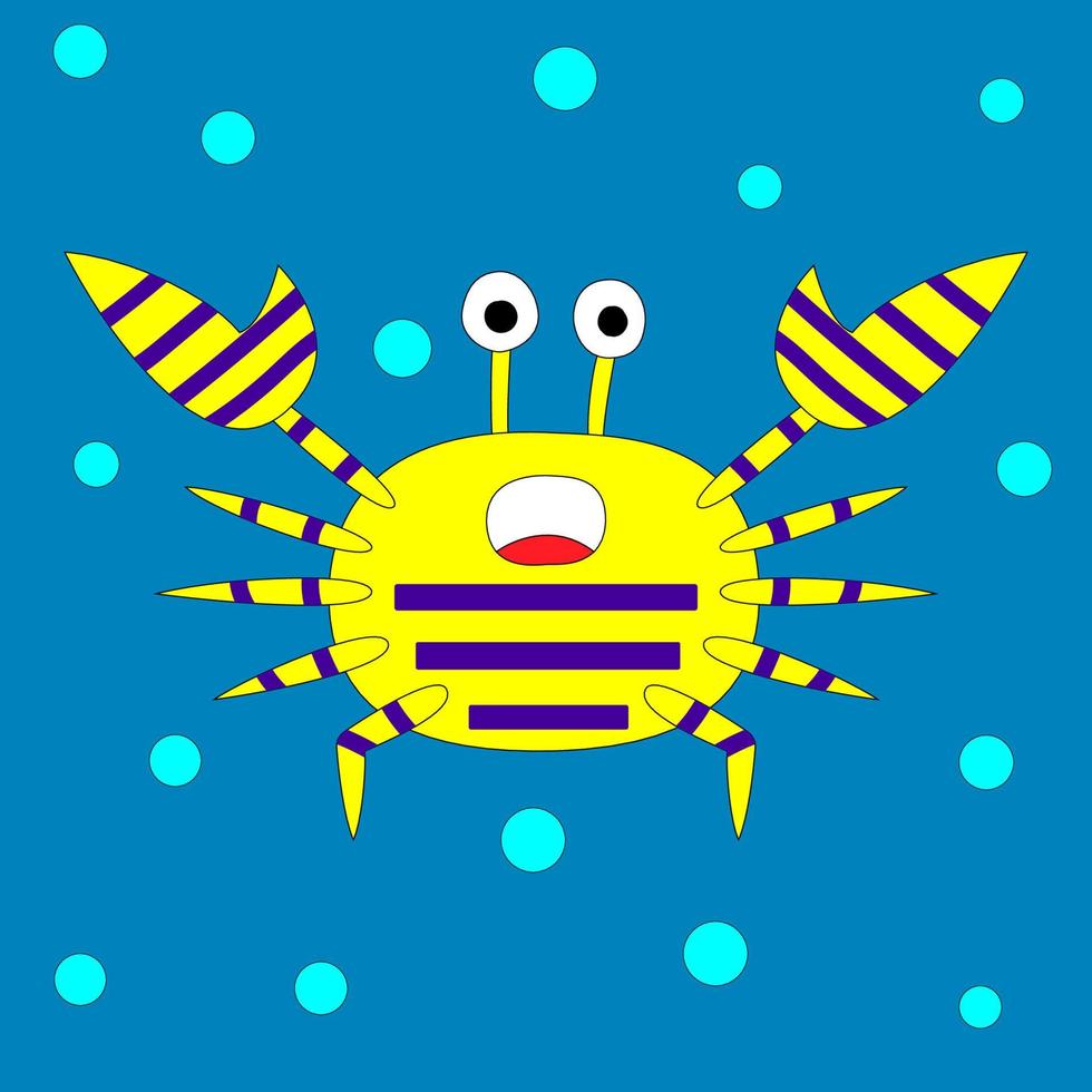 Surprised cartoon stripe crab. Sea animal with bubbles. Vector illustration
