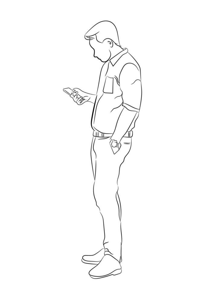 drawing sketch style outline with color paint business man holding smart phone vector illustration concept business with phone connection