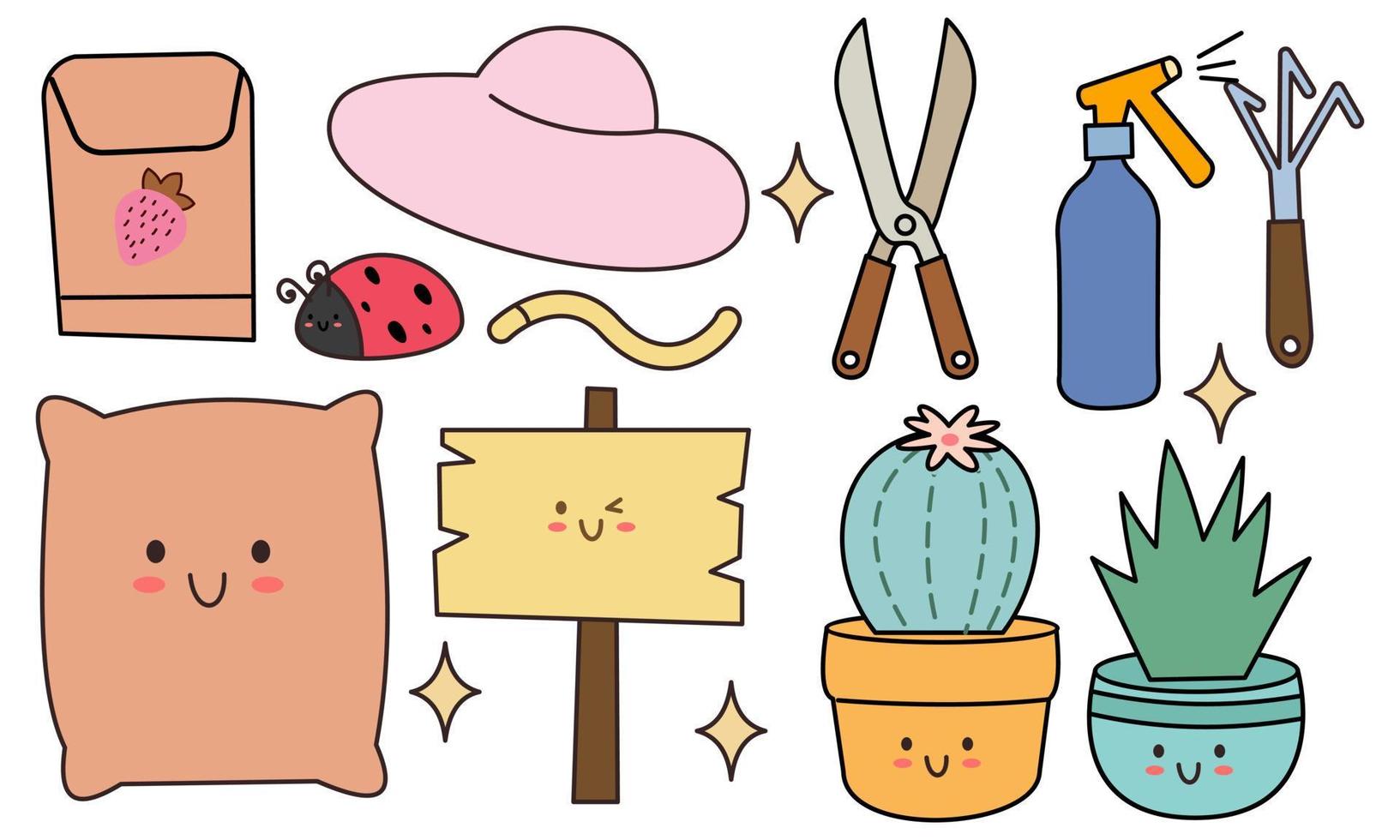 Kawaii garden doodle set vector