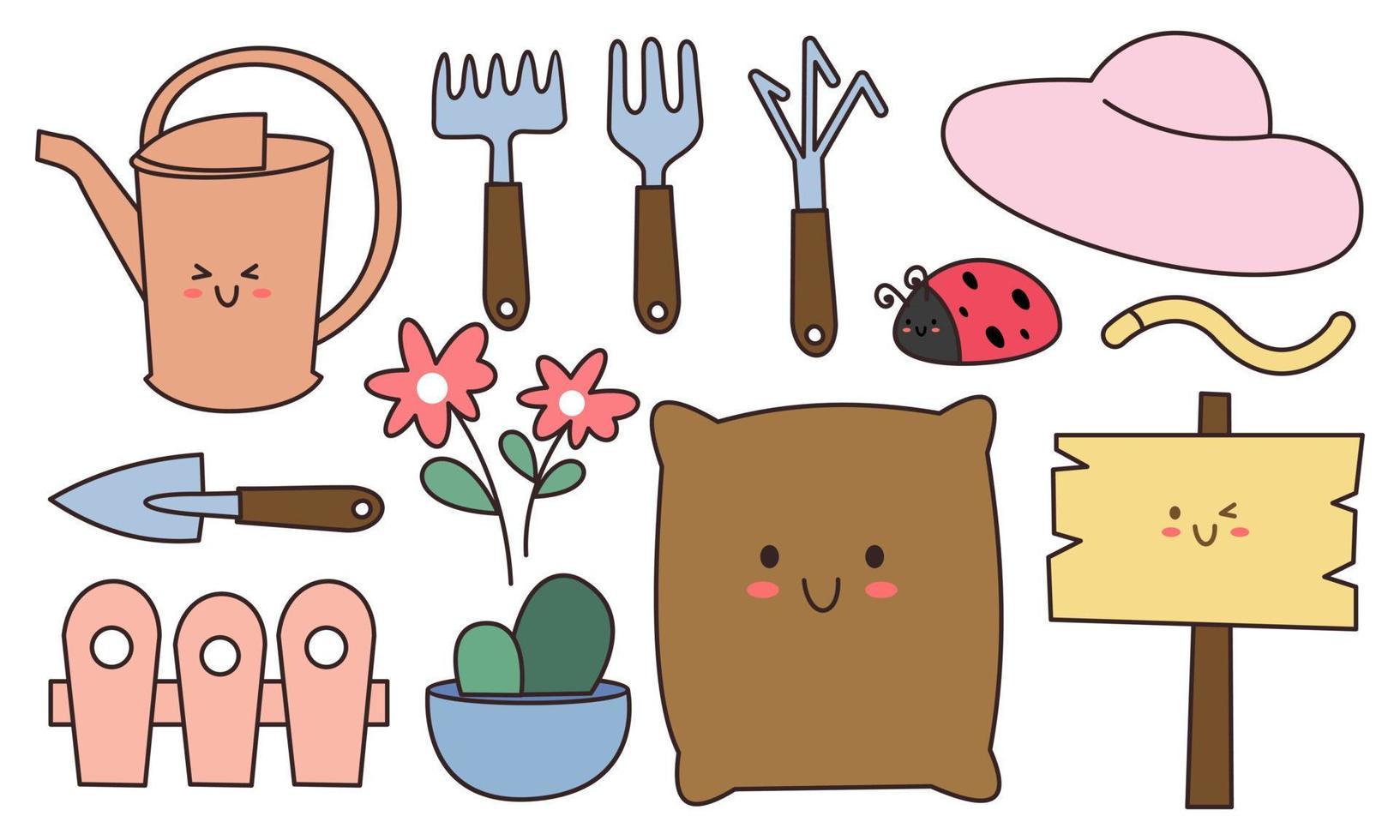 Kawaii garden doodle set vector