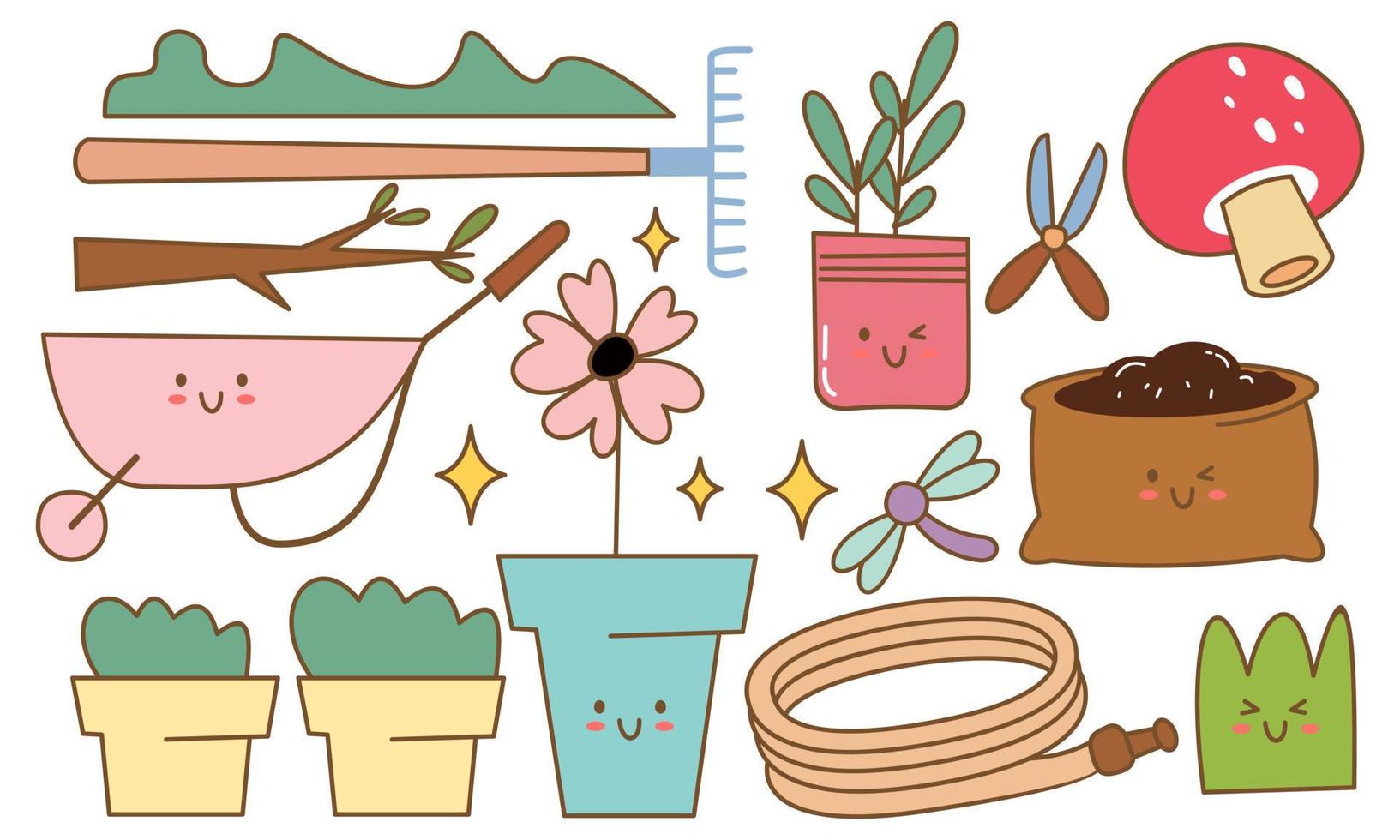 Kawaii garden doodle set vector