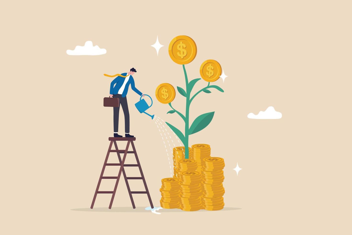 Mutual fund or growing investment, wealth profit growth or earning increase, savings or wealth management, pension fund concept, businessman investor watering stack dollar coin to grow money plant. vector