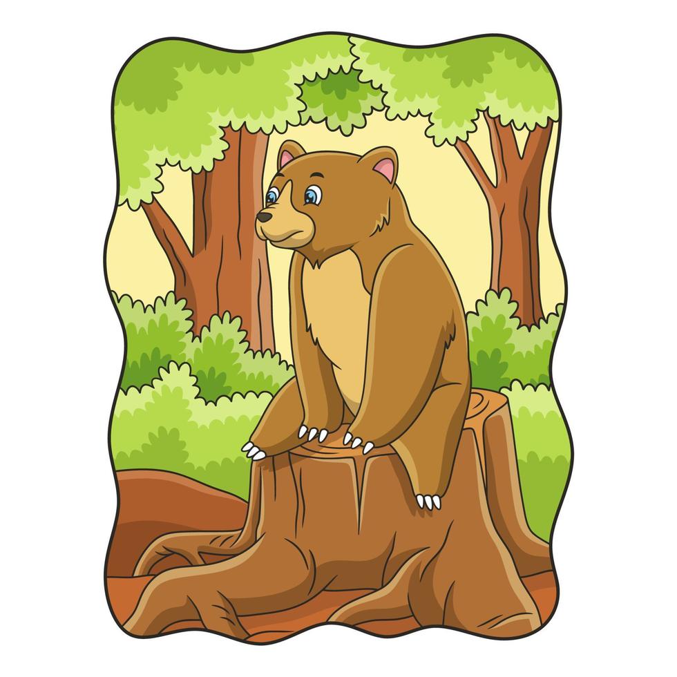 cartoon illustration the bear is sitting and looking at the forest above the felled tree trunk vector