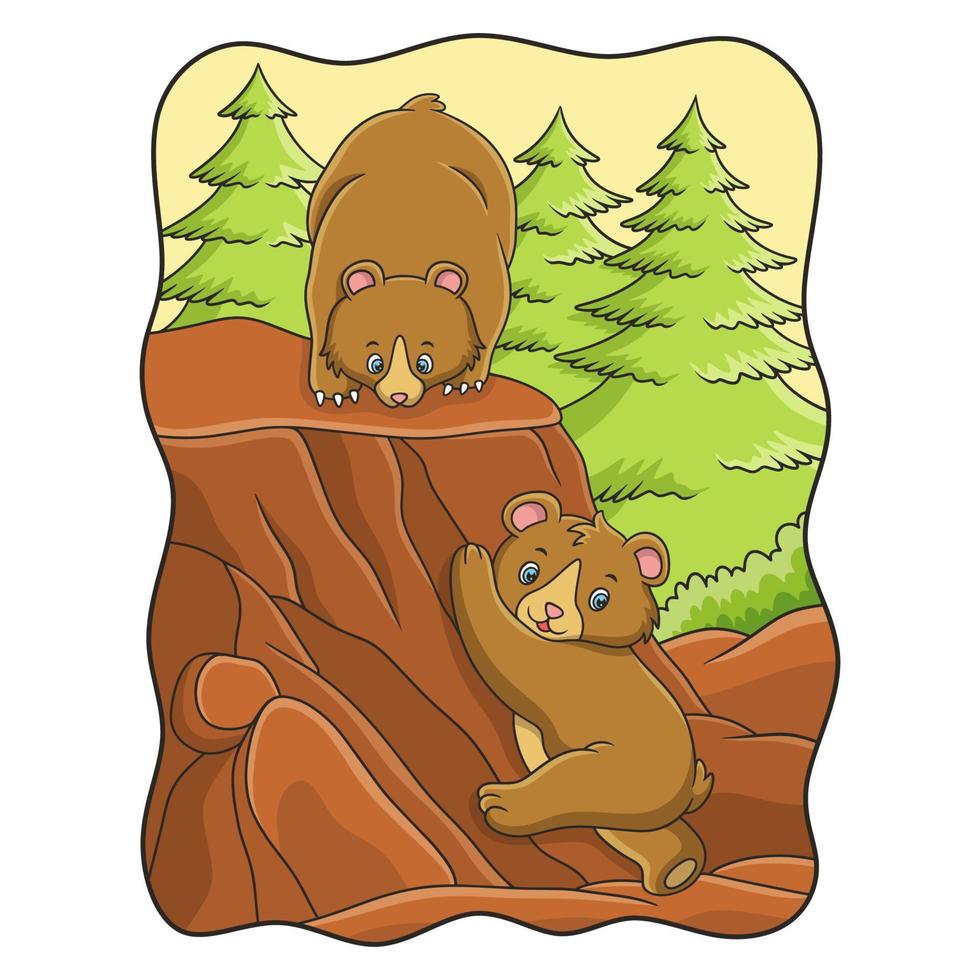 cartoon illustration The bear with his cub is playing under a cliff in the middle of the forest, the child is trying to climb the cliff above it vector