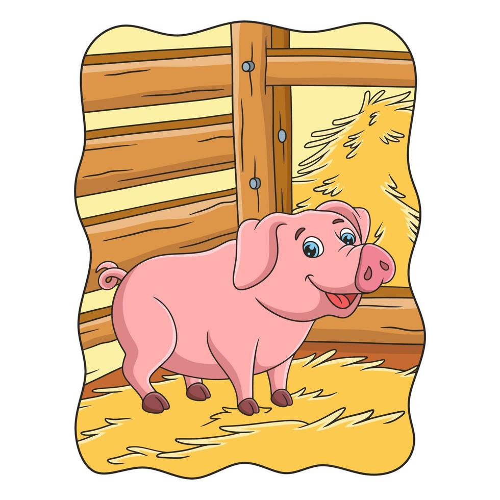 cartoon illustration a pig walking around in its cage on a haystack vector