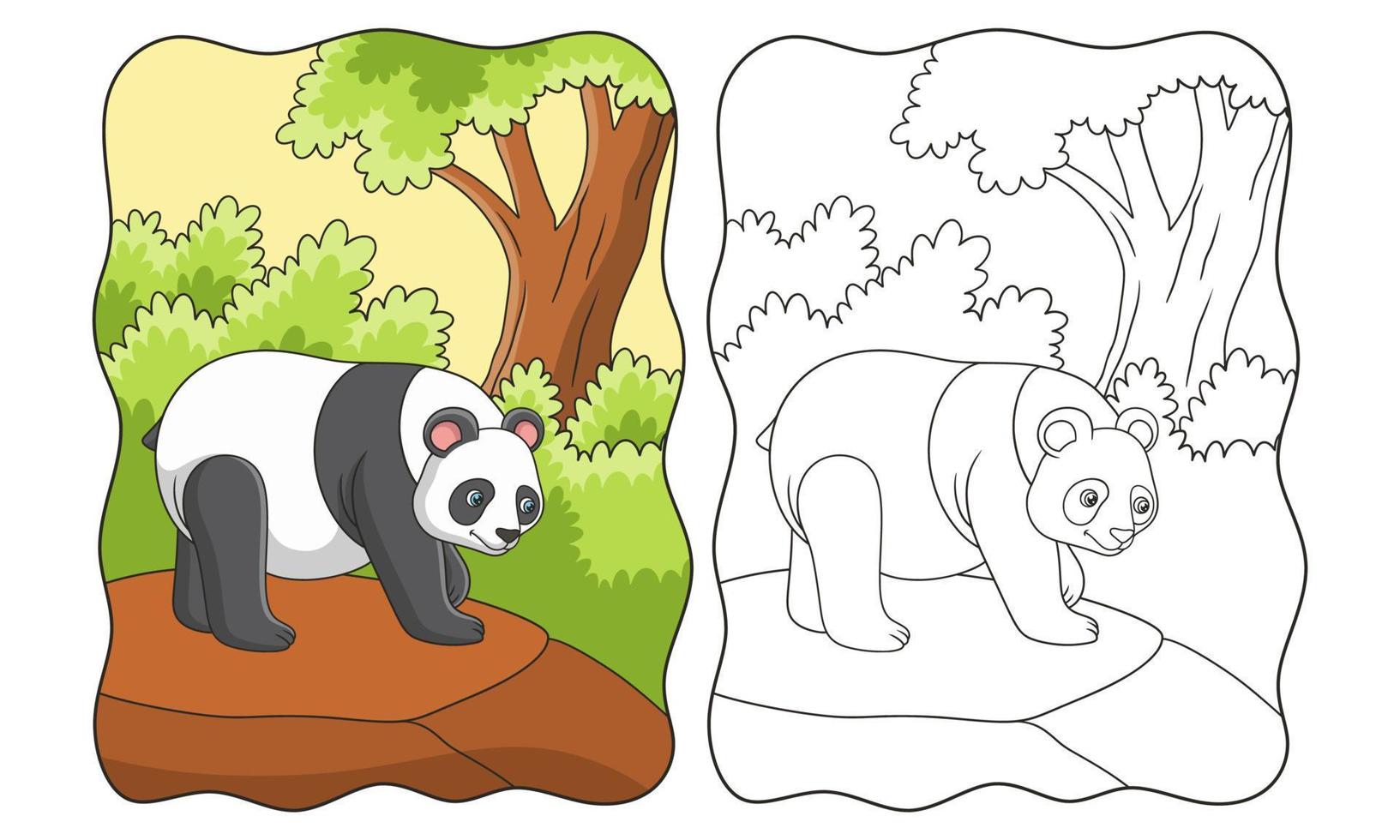 cartoon illustration a panda walking on a cliff in the middle of the forest looking for food during the day book or page for kids vector