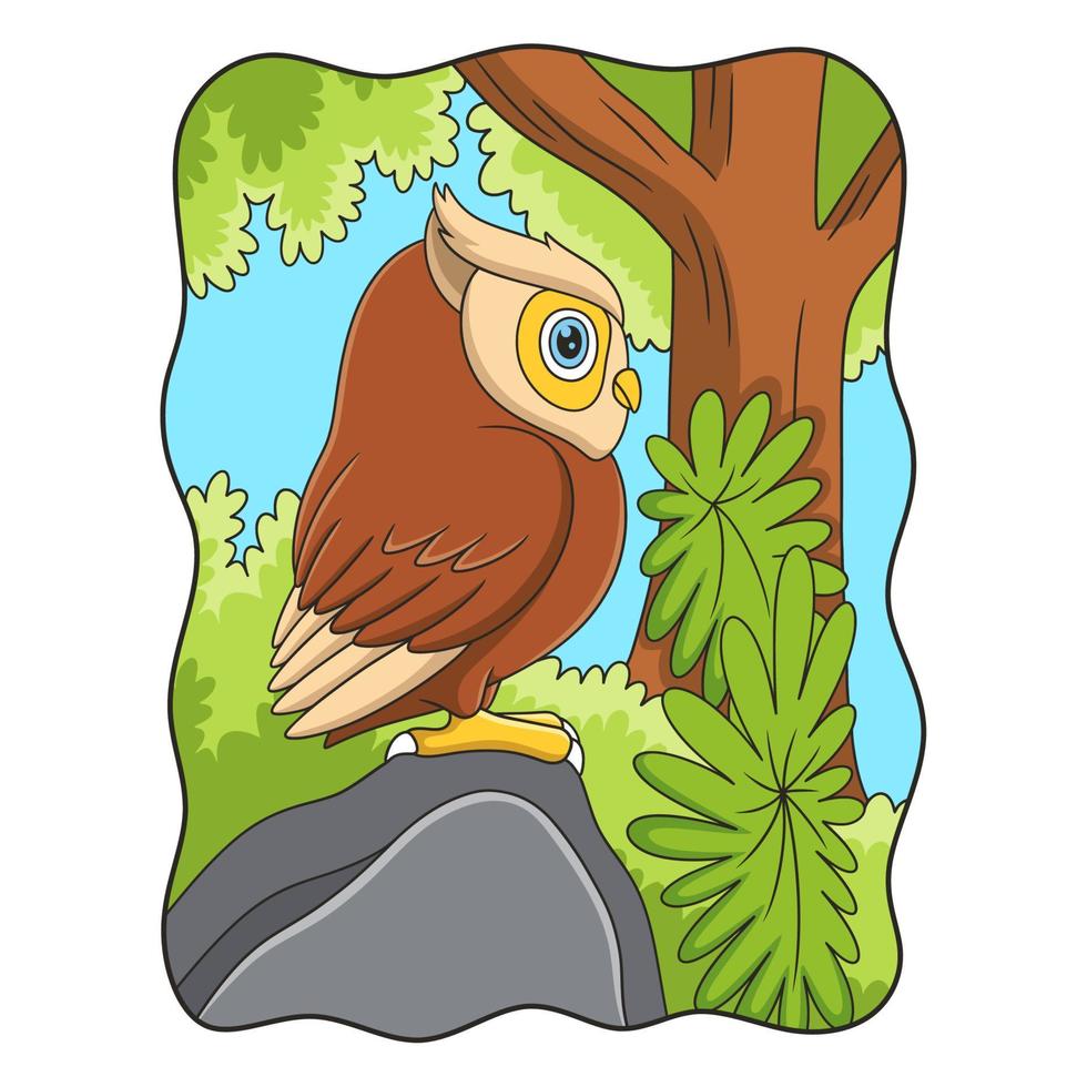 cartoon illustration side view of an owl perched on a large rock under a thick forest tree at noon vector