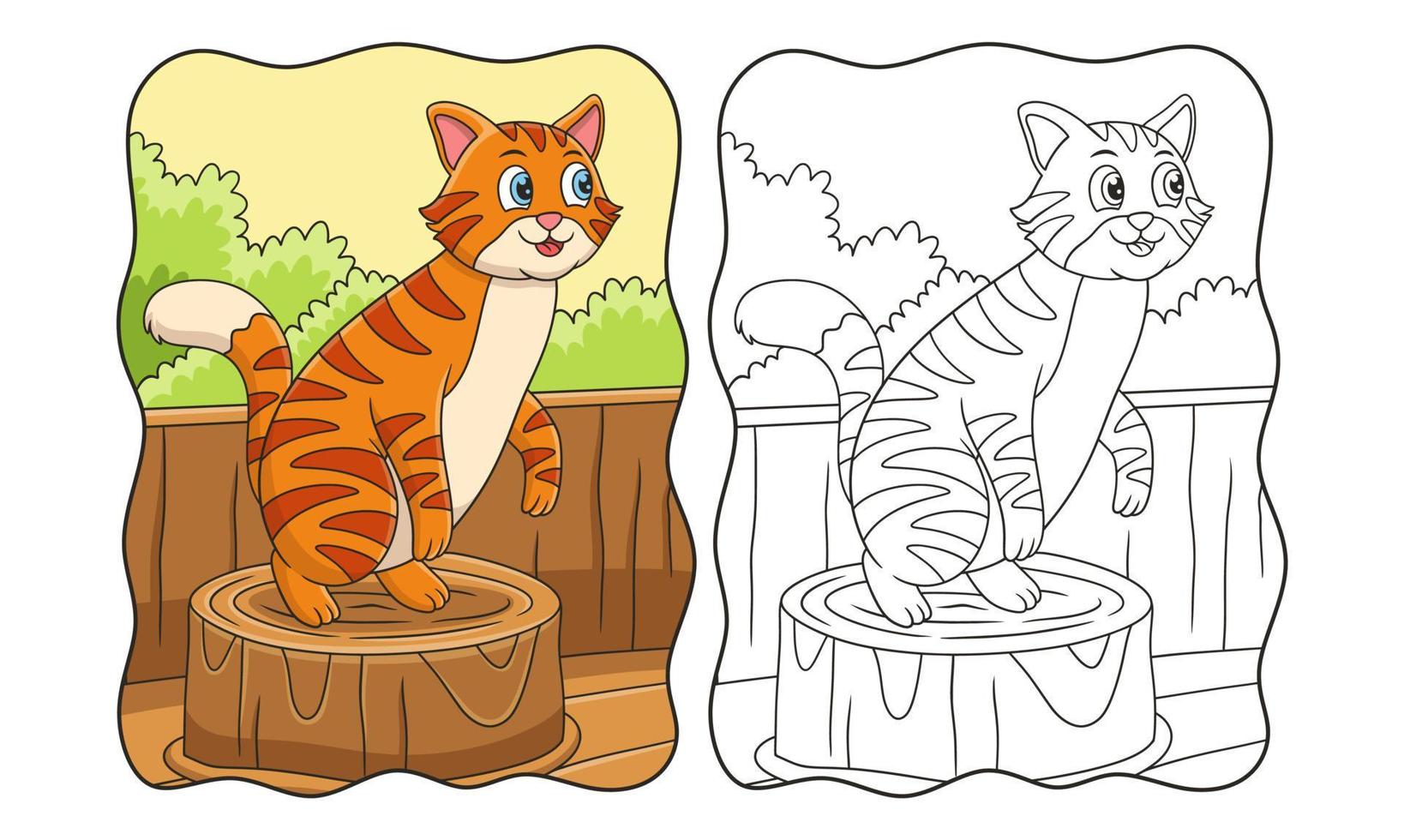 cartoon illustration a cat standing on a piece of log that is behind a wooden fence on a farm book or page for kids vector