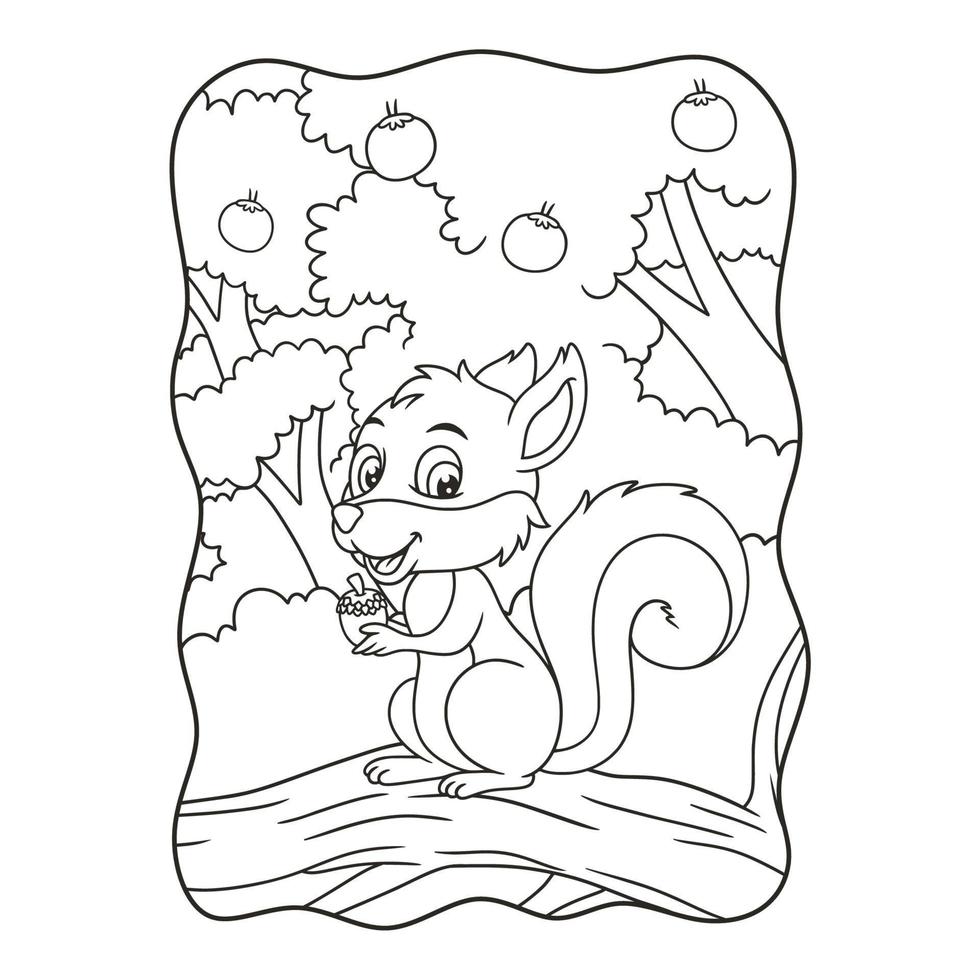 cartoon illustration the squirrel is getting ready to eat the pine tree seeds on the big, lush tree with fruit on it vector