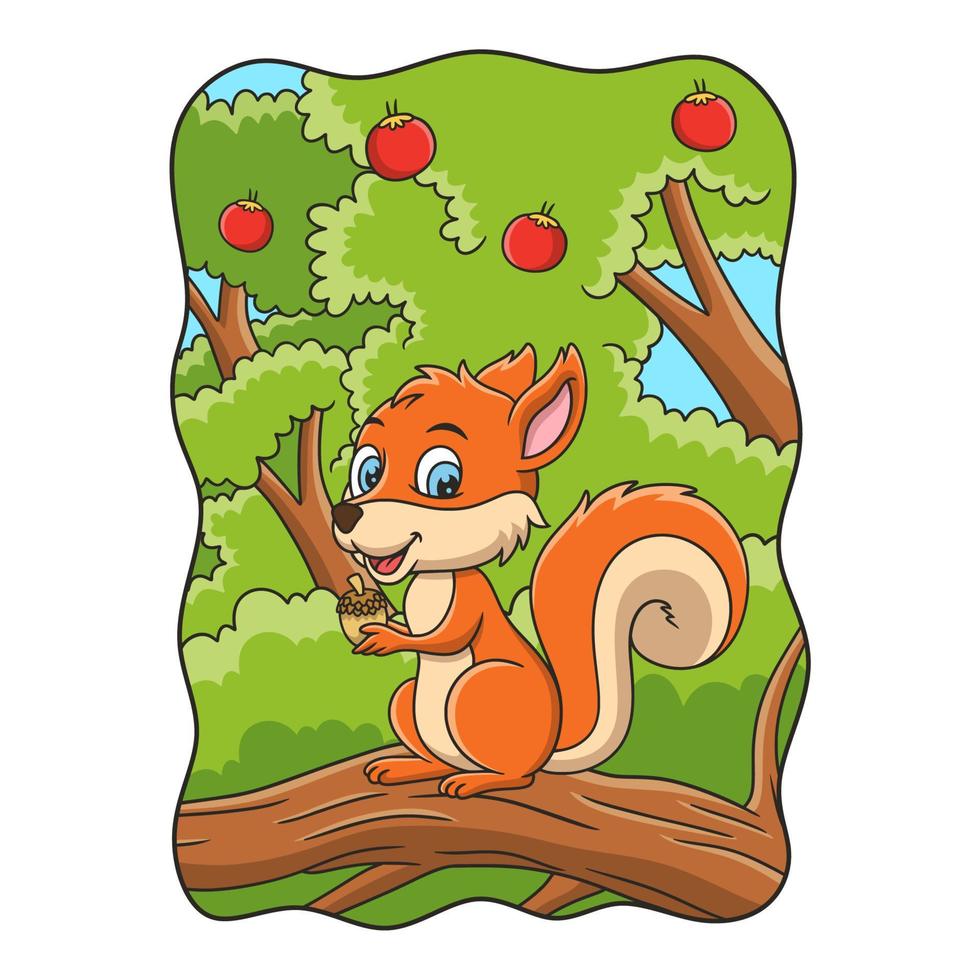 cartoon illustration the squirrel is getting ready to eat the pine tree seeds on the big, lush tree with fruit on it vector