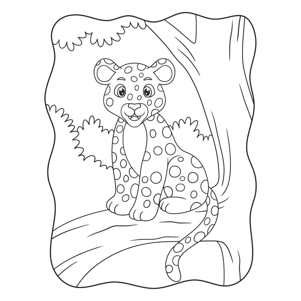 ilustración de dibujos animados el leopardo está sentado orgullosamente en un tronco de árbol grande y alto para ver a su presa desde arriba libro o página para niños en blanco y negro vector