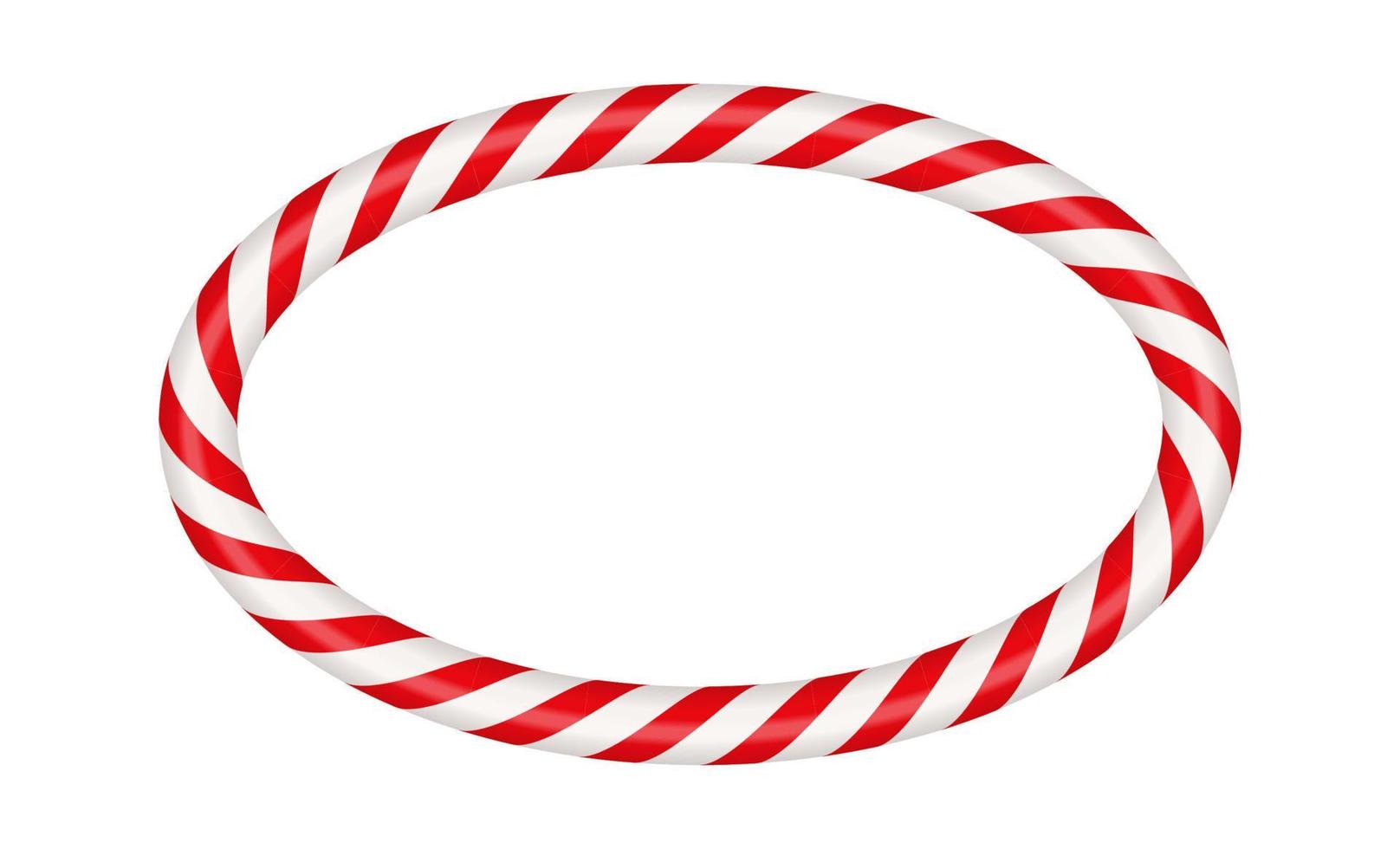 Christmas candy cane oval frame with red and white striped. Xmas border with striped candy lollipop pattern. Blank christmas and new year template. Vector illustration isolated on white background