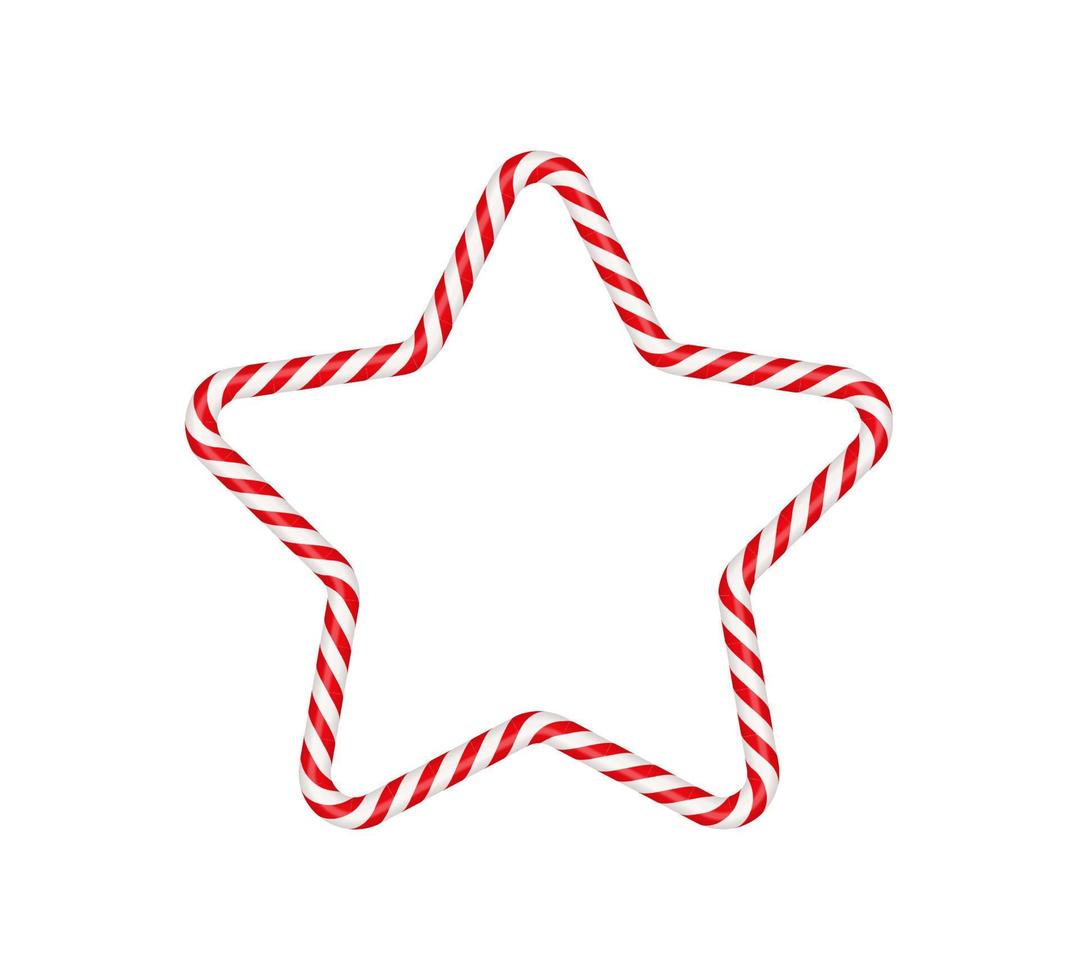 Christmas candy cane star frame with red and white striped. Xmas border with striped candy lollipop pattern. Blank christmas and new year template. Vector illustration isolated on white background