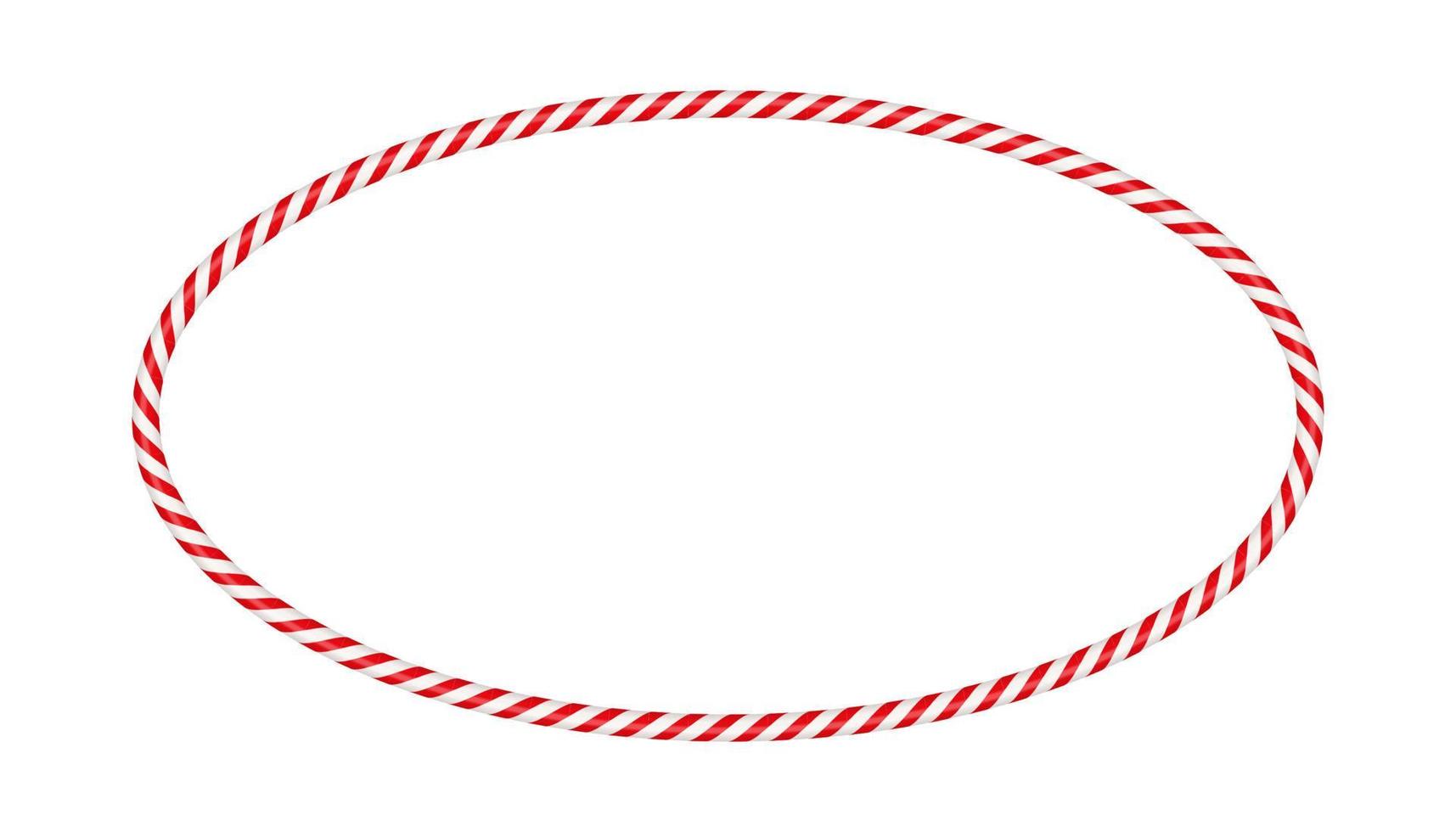 Christmas candy cane oval frame with red and white striped. Xmas border with striped candy lollipop pattern. Blank christmas and new year template. Vector illustration isolated on white background