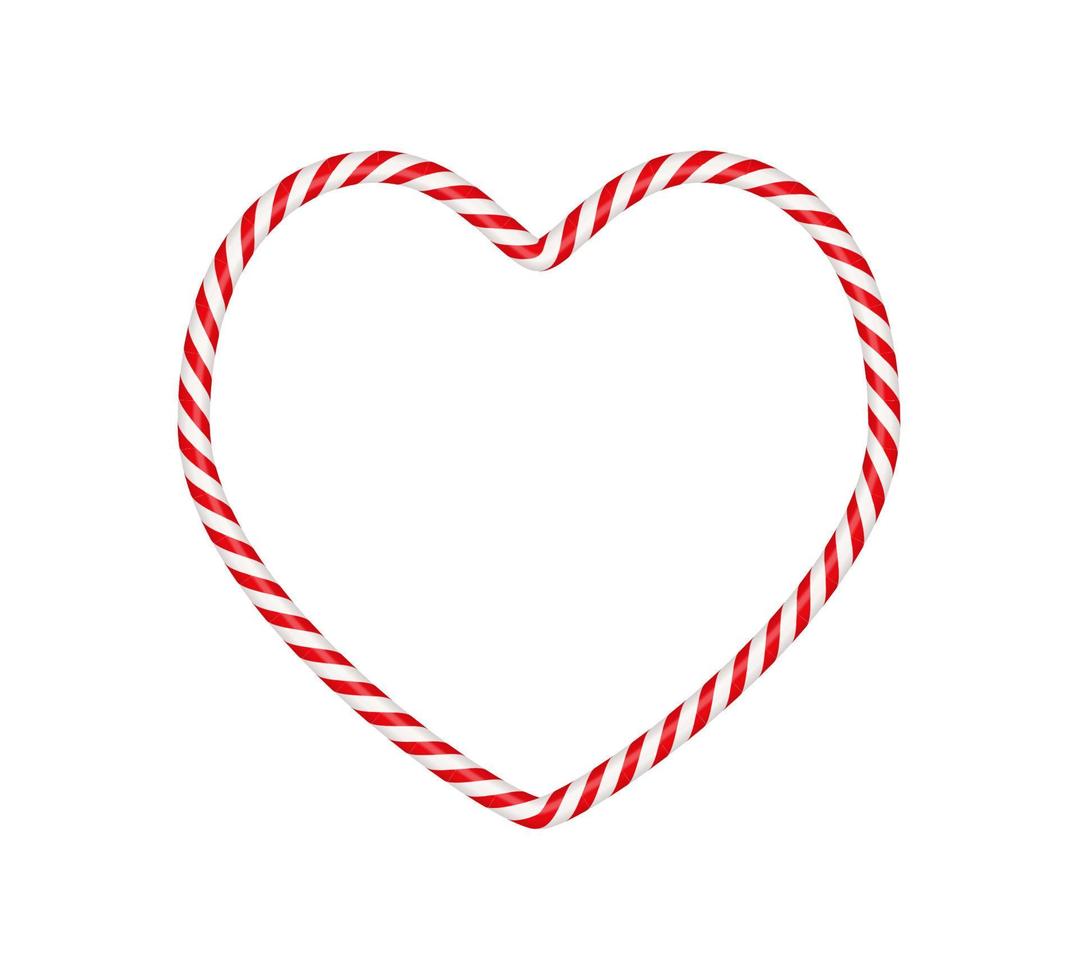 Christmas candy cane heart frame with red and white striped. Xmas border with striped candy lollipop pattern. Blank christmas and new year template. Vector illustration isolated on white background