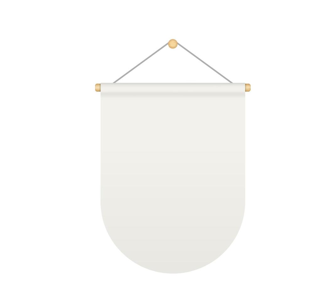 Empty white rounded rectangle bunting pennant. Hanging realistic pennant or flag with rope. Bunting flag mock up. Blank realistic template. Vector illustration isolated on white background