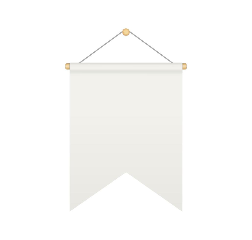 Empty white rectangle bunting pennant with double edges. Hanging realistic pennant or flag with rope. Bunting flag mock up. Blank realistic template. Vector illustration isolated on white background