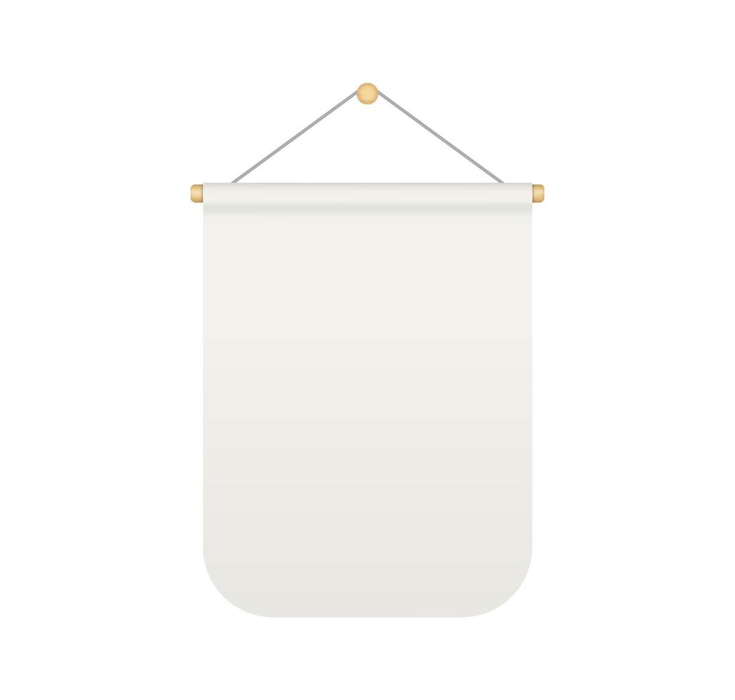 Empty white rectangle bunting pennant. Hanging realistic pennant or flag with rope. Bunting flag mock up. Blank realistic template. Vector illustration isolated on white background