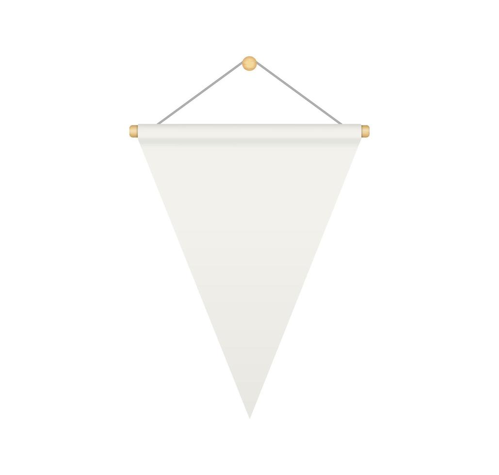 Empty white triangular bunting pennant. Hanging realistic pennant or flag with rope. Bunting flag mock up. Blank realistic template. Vector illustration isolated on white background
