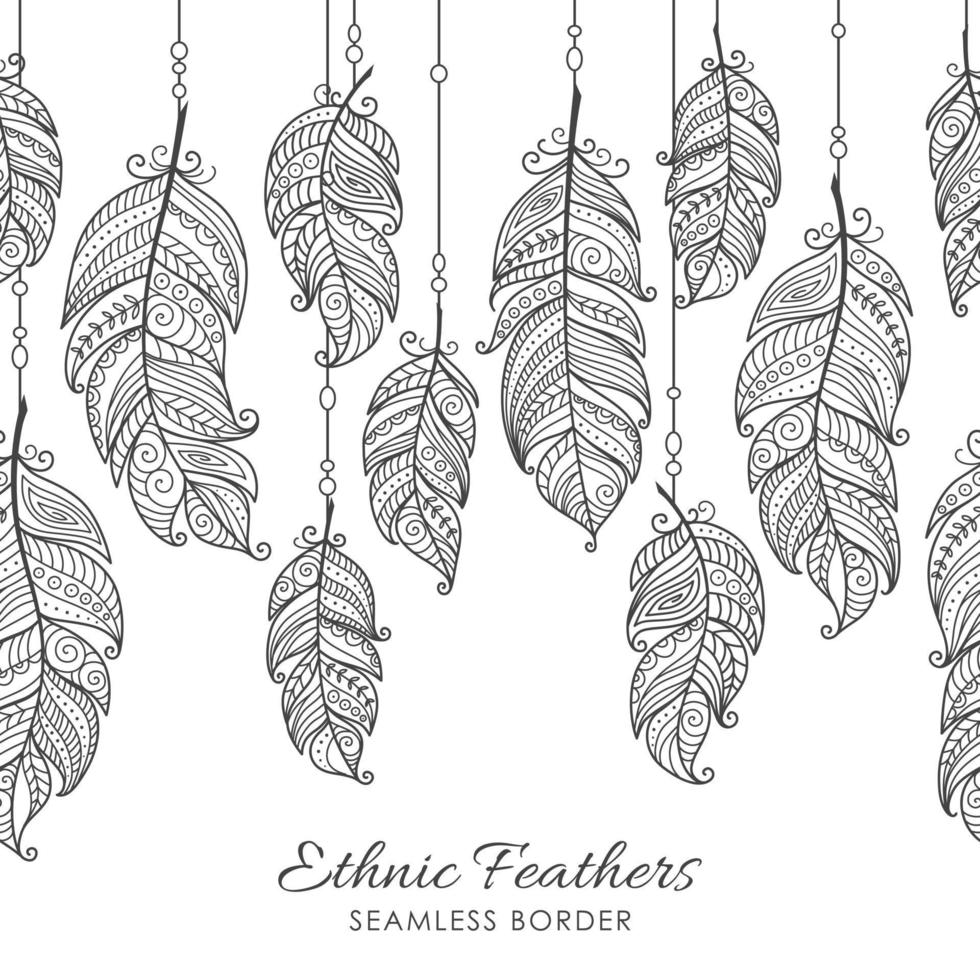 Boho Seamless Border Frame Ornamental Feather vector