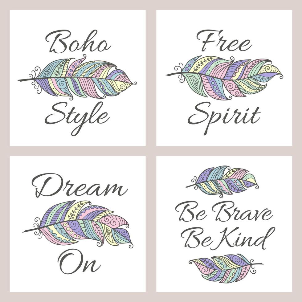 Establecer boho cita coloridas plumas ornamentales vector