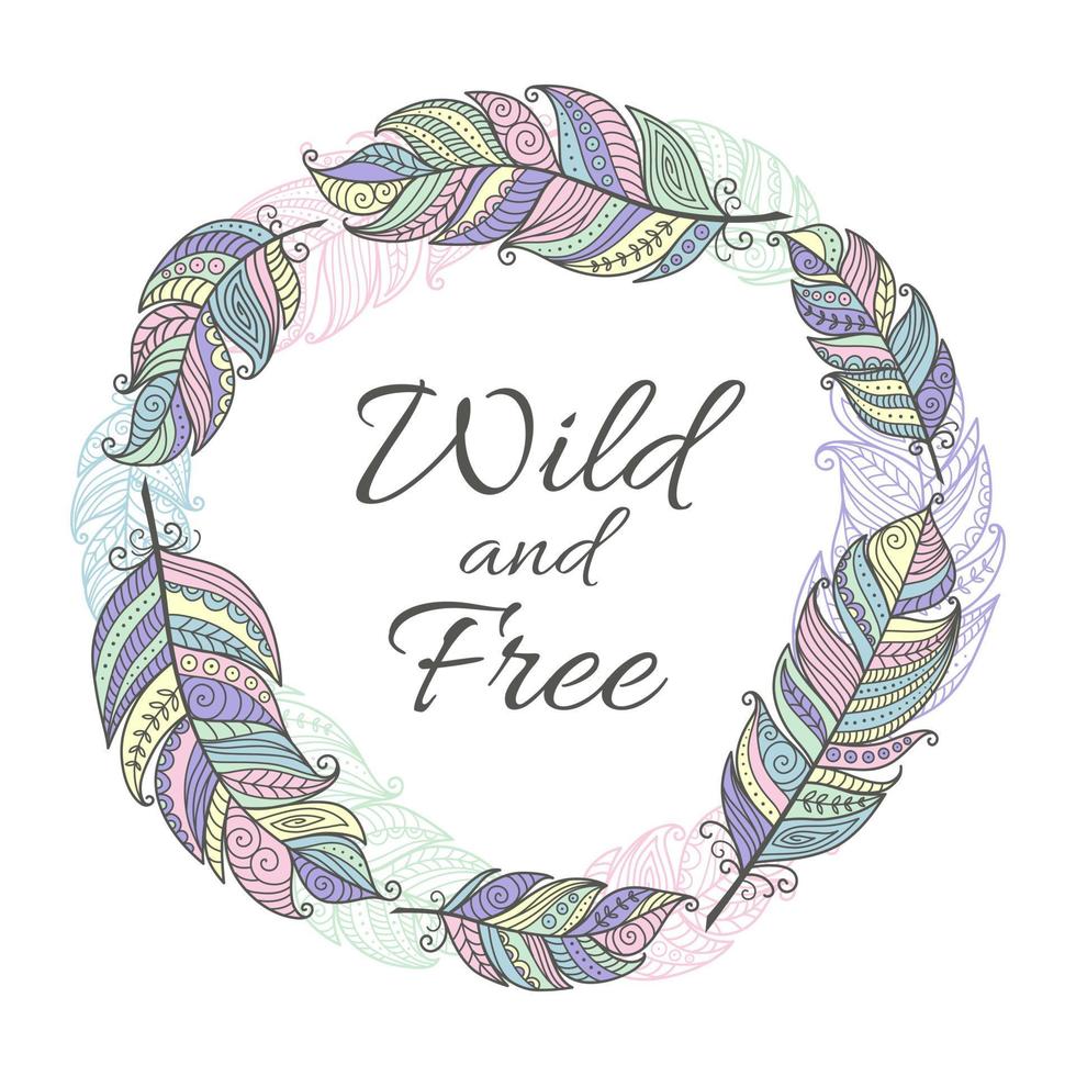 Boho Style Round Frame Colorful Feather vector