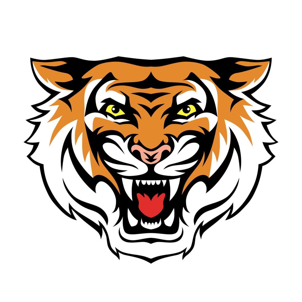 Angry tiger roaring head face. Vector illustration for tattoo, print, poster, sticker, logo, emblem.