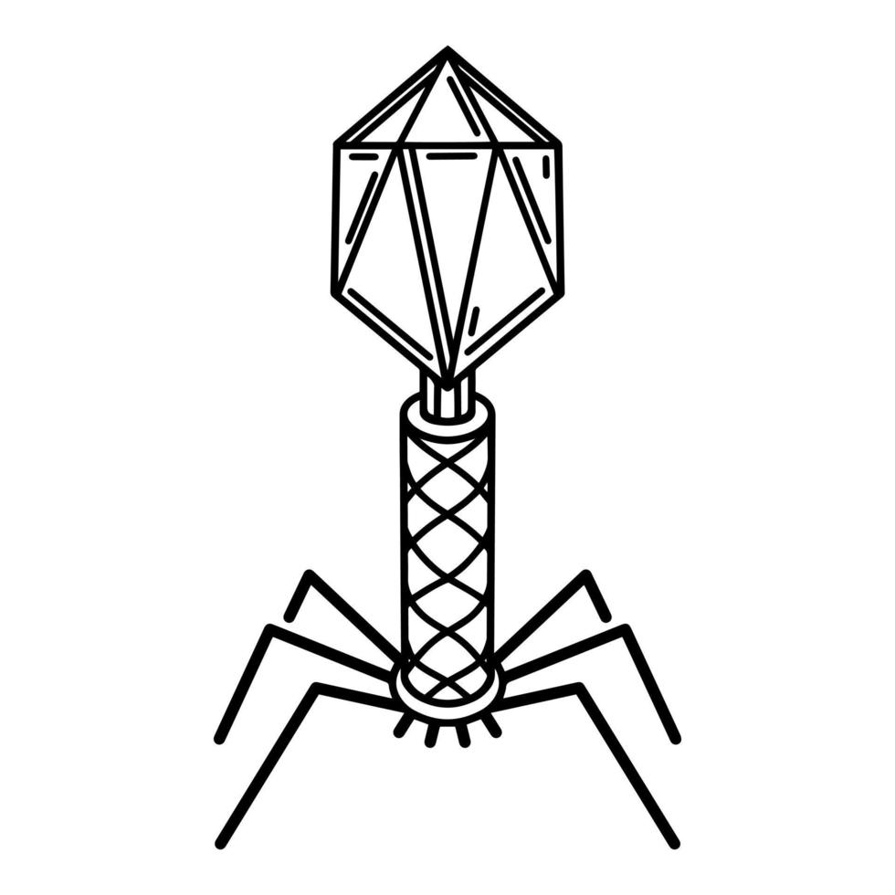 Bacteriophage vector icon. DNA, RNA virus infecting bacterial cells. Microorganism with a protein coat, fiber tail. Black outline isolated on white background. Virus structure for web, logo, apps