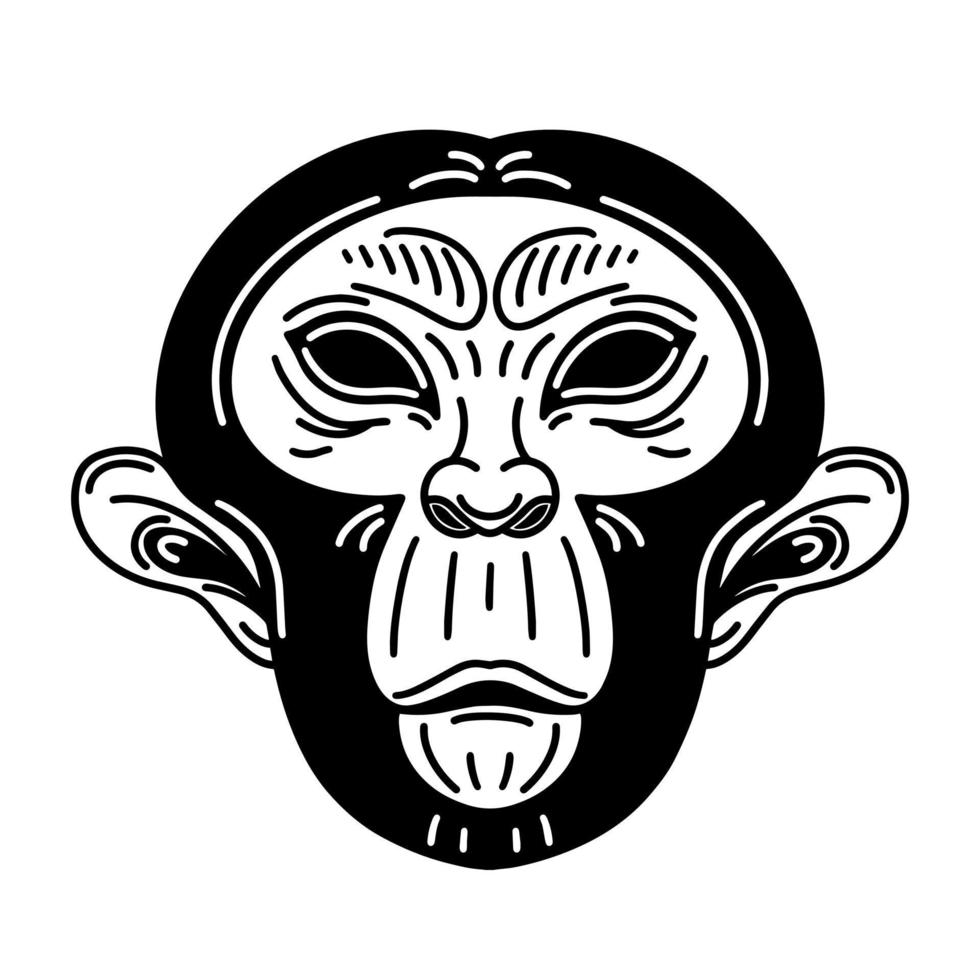 Monkey head vector icon. Black silhouette of a chimpanzee isolated on white. Symbol of the Chinese zodiac, monkeypox. Animal face monochrome outline. For logo, posters, labels
