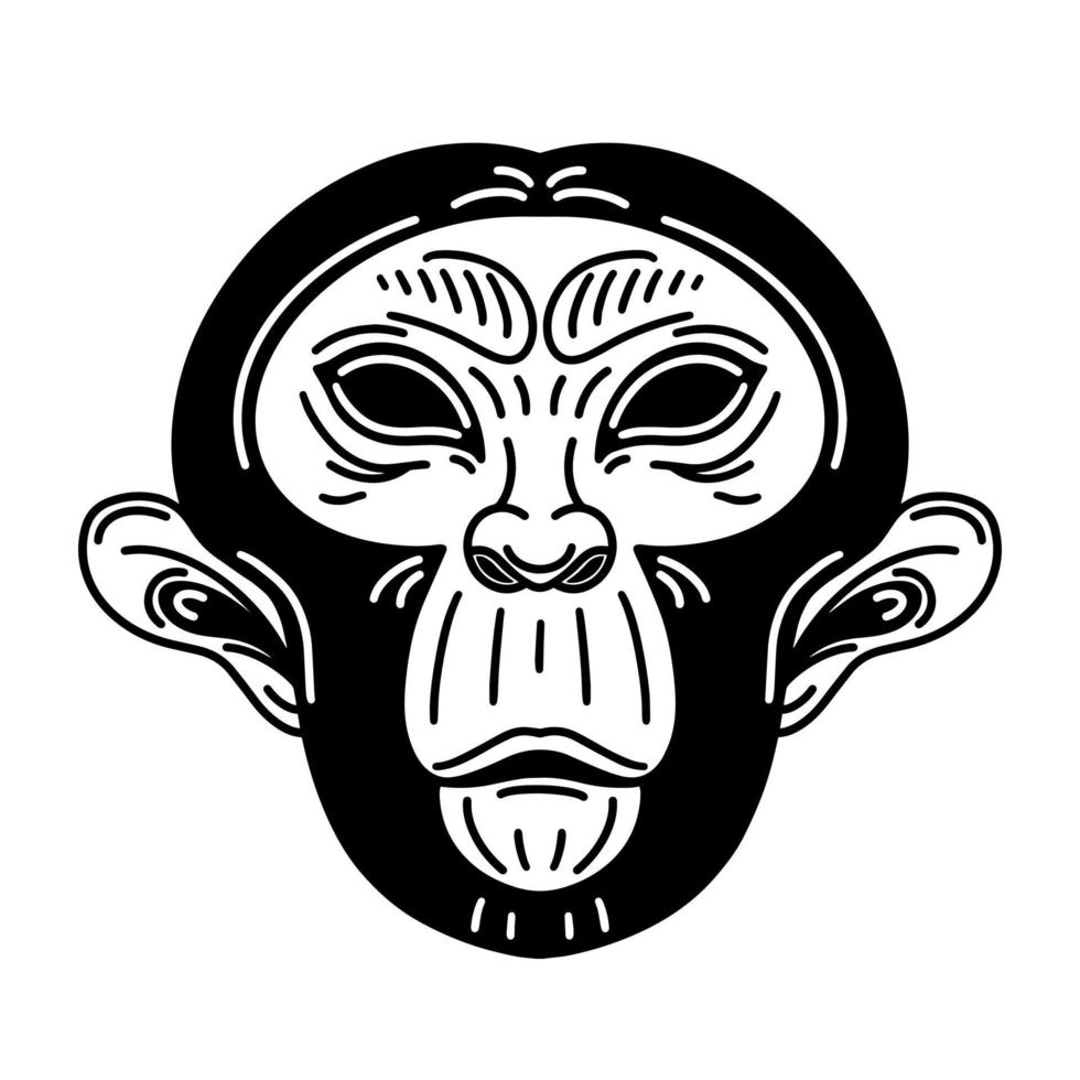 Monkey head vector icon. Black silhouette of a chimpanzee isolated on white. Symbol of the Chinese zodiac, monkeypox. Animal face monochrome outline. For logo, posters, labels