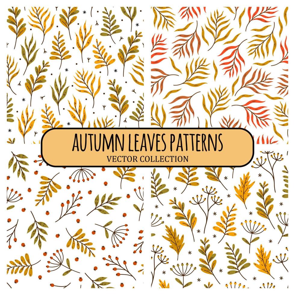 Bright autumn leaves. Set of seamless vector patterns. Hand drawn branches of forest, field, meadow trees. Wild, garden twigs with berries, flowers, plants. Flat cartoon style. Botanical backgrounds