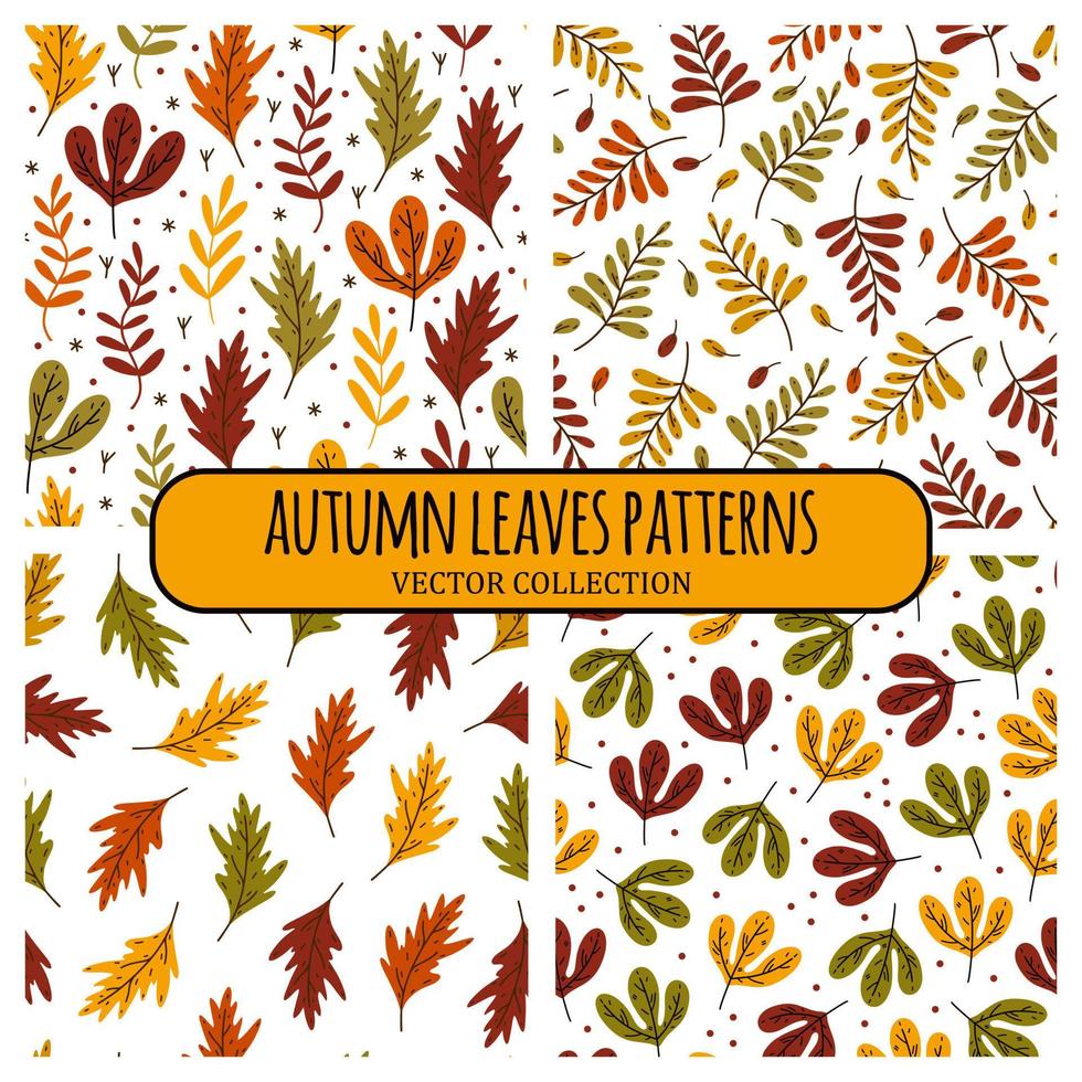 Bright autumn leaves collection of seamless vector patterns. Hand drawn branches of forest, field, meadow trees. Wild, garden herbs, flowers, plants. Flat cartoon style. Backdrops for textiles, web