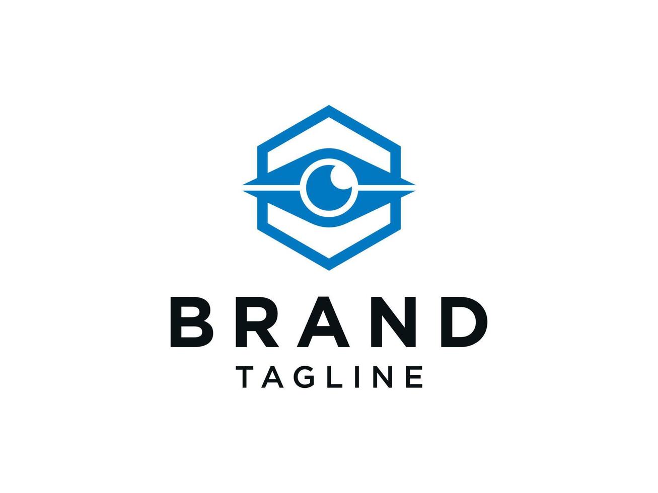 Protection Security Logo. Blue Hexagonal Military Shield with Eye Negative Space inside and Star Sparkle Eyeball isolated on White Background. Flat Vector Logo Design Template Element.