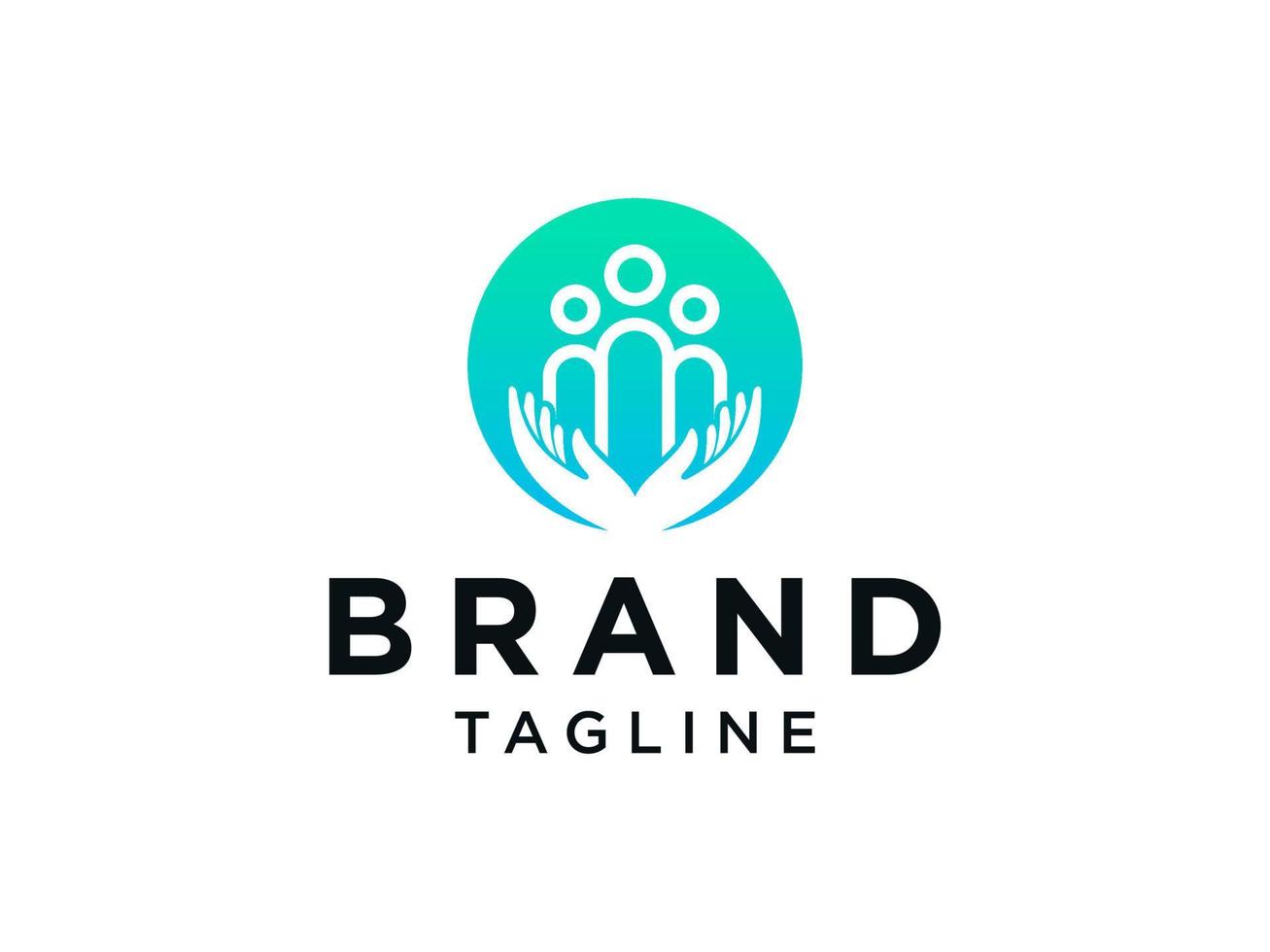 Family Care Logo. Blue Circle Shape with Negative Space Human and Two Hands Combination isolated on White Background. Flat Vector Logo Design Template Element.