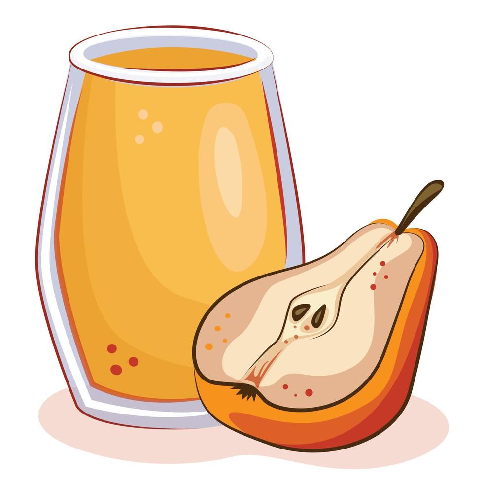 pera picada con un vaso de jugo fresco o batido. elemento de diseño de color amarillo naranja para menús y presentaciones. dieta saludable vegetariana cruda, merienda baja en calorías. vector aislado en blanco