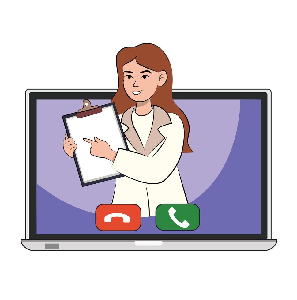 Online doctor, consultation, support. medical worker. Ask your doctor. healthcare services. female doctor, family therapist in a white coat on a laptop screen. Vector flat for web medical clinic