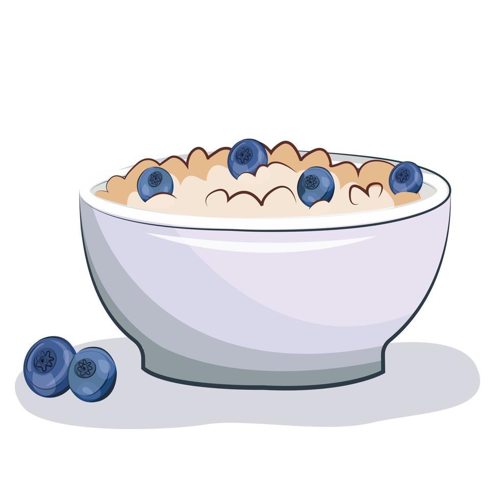 oatmeal or rice porridge in a plate with blueberries. good morning, diet dish breakfast. vector flat stock illustration isolated on white