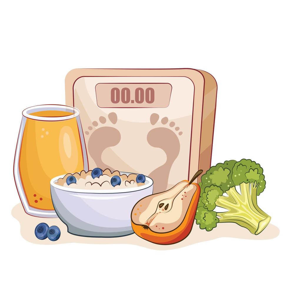 composition on the theme of proper nutrition and weight loss. scales, pear fruit, broccoli, fresh orange smoothie juice and oatmeal with berries. vector isolated on white for nutritionist banner.