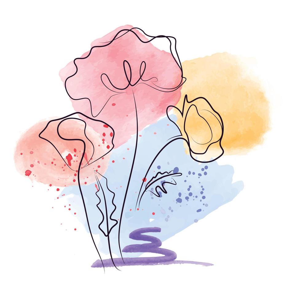 Poppy flower  Minimalist contour drawing. One line, continuous line art watercolor paint purple blue design logo decoration vector