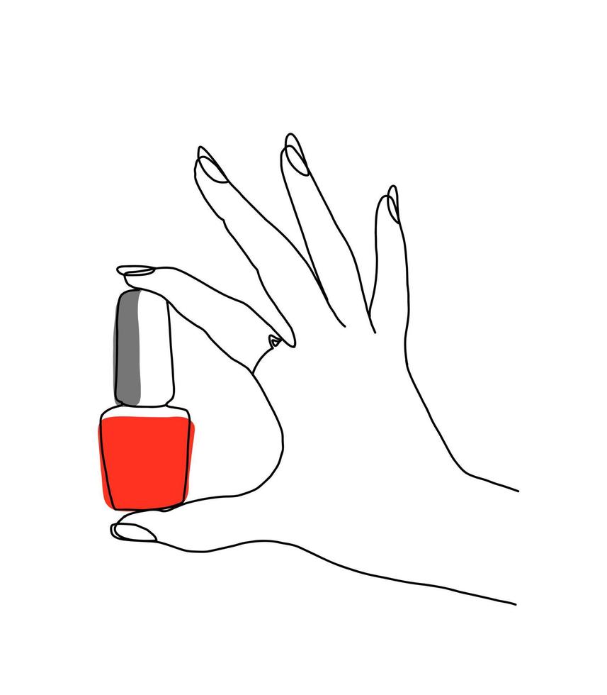 ilustración vectorial de una sola línea de una mano que sostiene el esmalte de uñas. vector