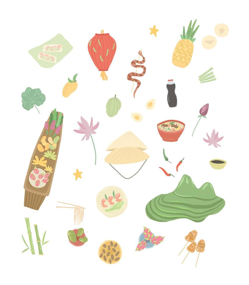 Set of hand drawn elements of Vietnamese cuisine and culture. Vector illustration country vietnam.