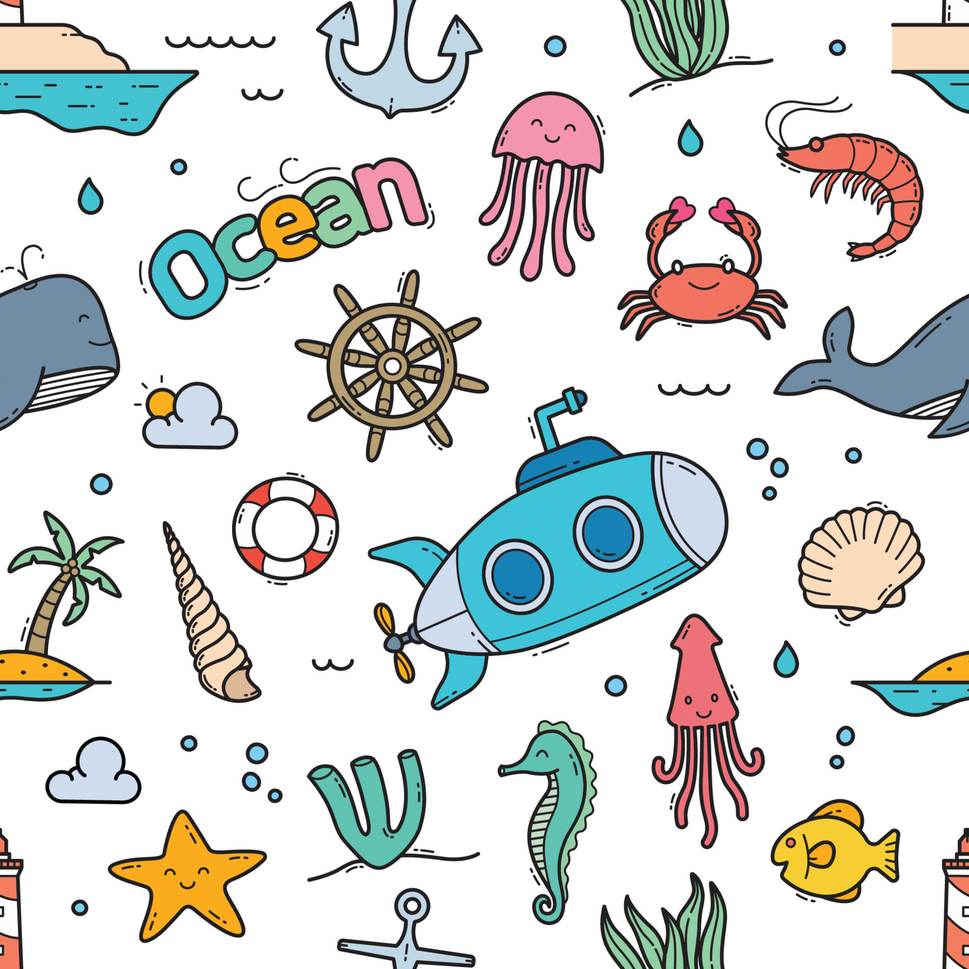 Ocean doodle seamless pattern background vector illustration 9319376