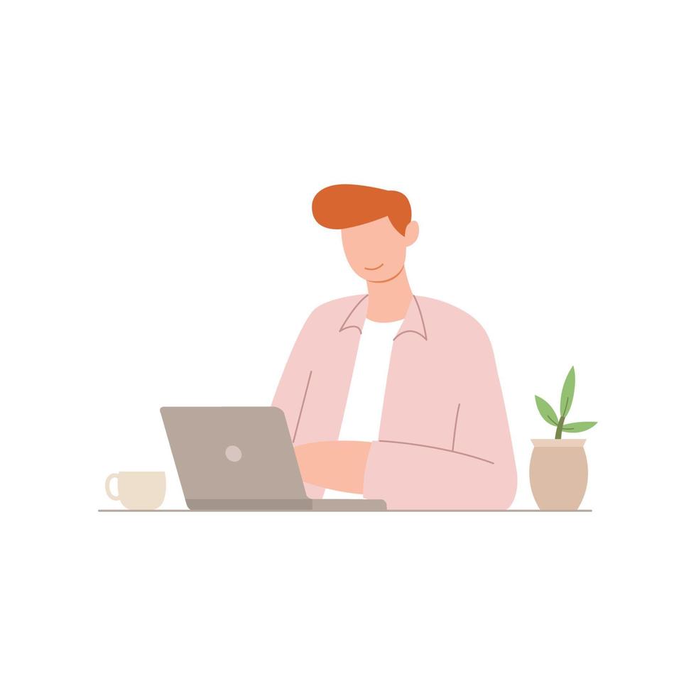 Happy person using laptop for working through internet at home vector illustration