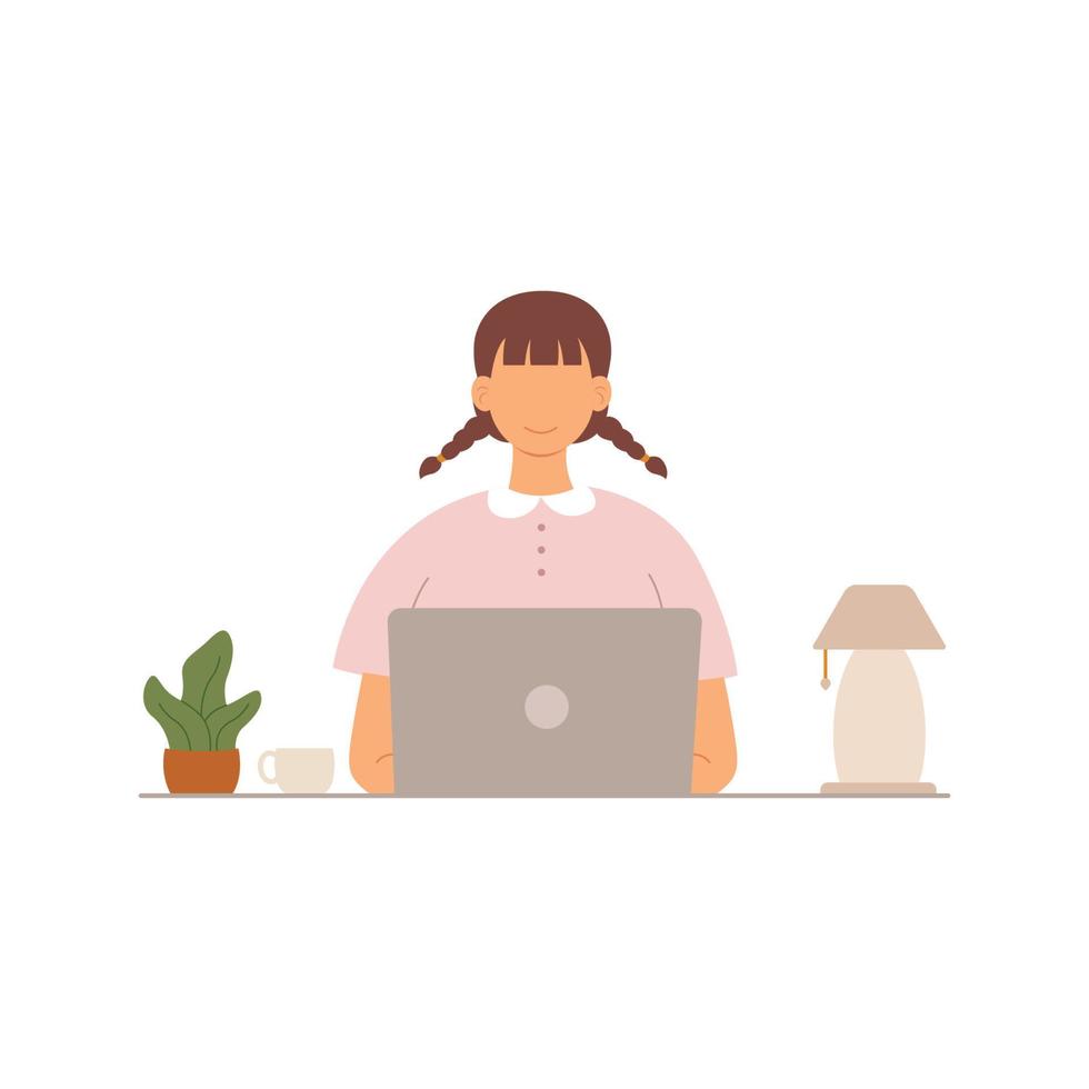 Happy person using laptop for working through internet at home vector illustration
