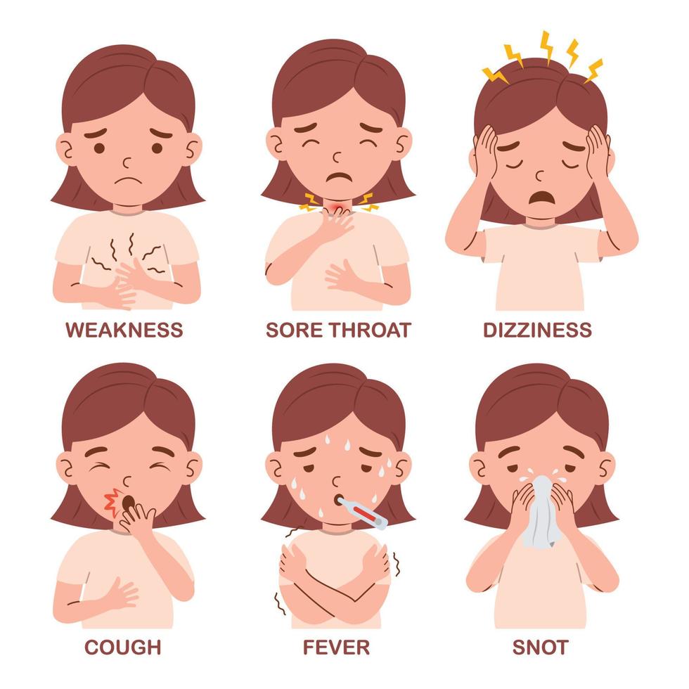 Flu disease and symptom on kid girl character vector illustration