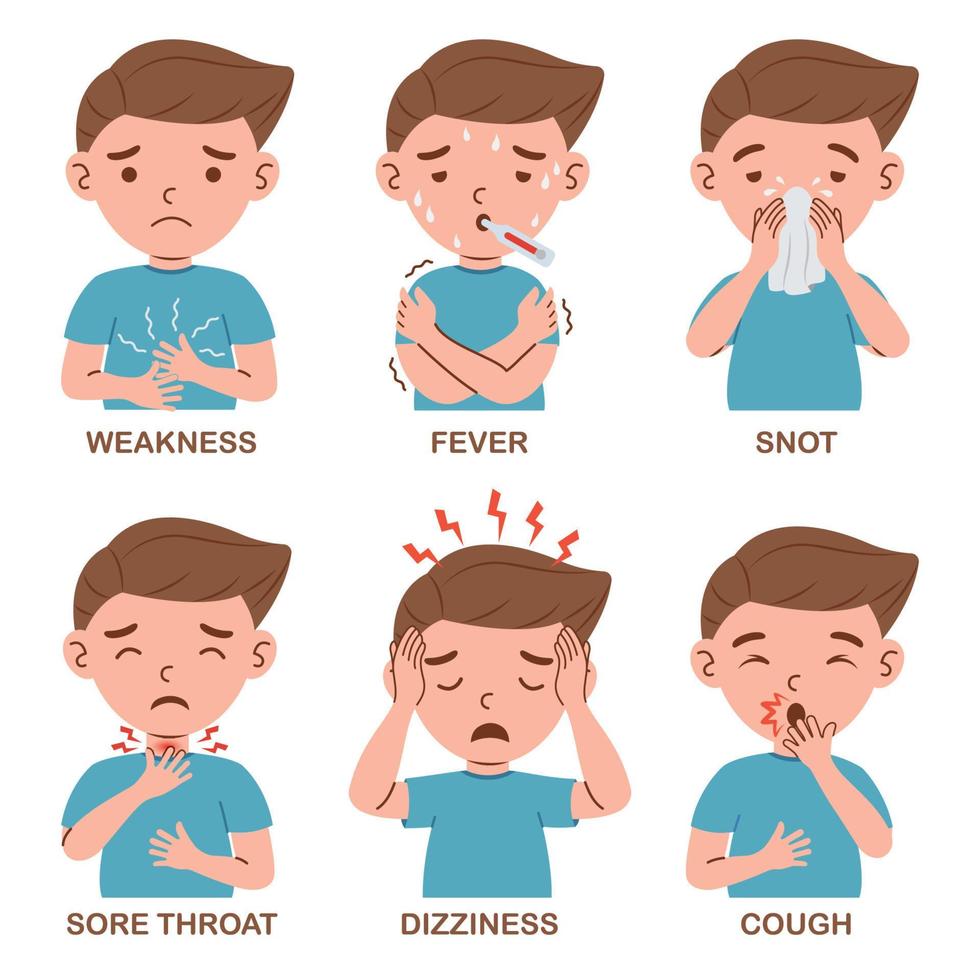 enfermedad de la gripe y síntoma en la ilustración de vector de personaje de niño niño